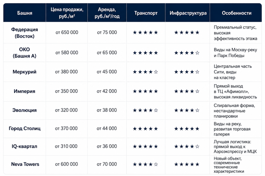 Сравнительная таблица офисных зданий Таблица офисных зданий